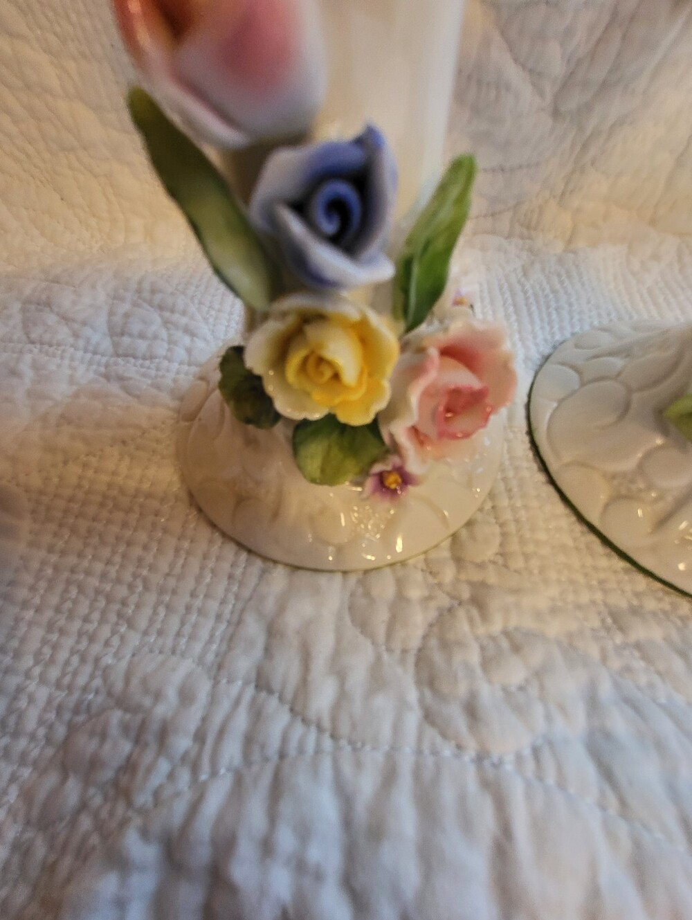 Set Of 2 Porcelain White Floral 5 Inch Candle Holders in with Pastel Roses - Picture 6 of 16